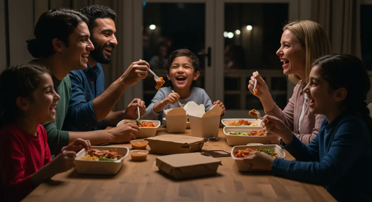 familia reunida comendo um delivery
