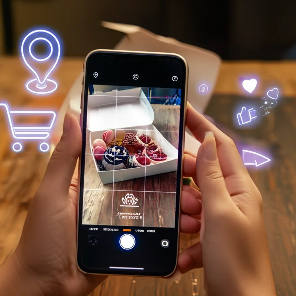 Mão segurando um celular que exibe o perfil do Instagram de uma confeitaria, com fotos de doces.
