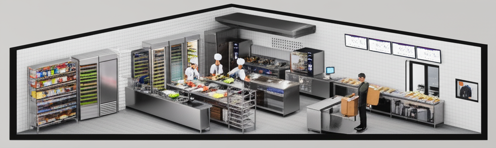Cozinha profissional de uma dark kitchen para delivery, com bancadas de aço inox e equipamentos.