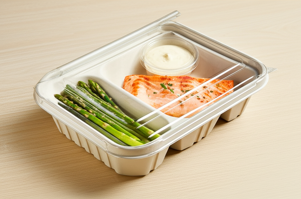 Embalagens personalizadas para delivery de comida, mostrando a marca do restaurante.