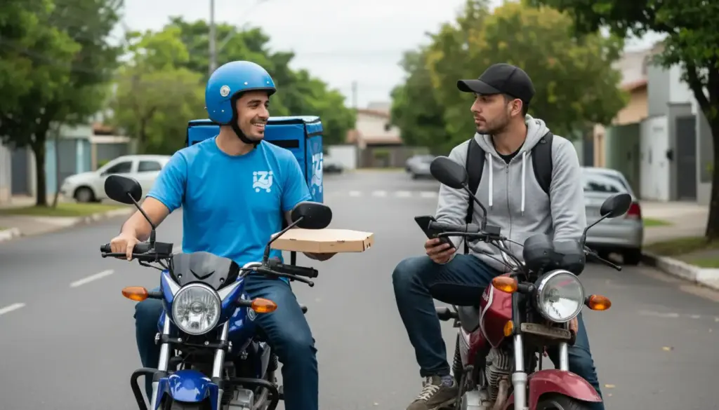 Dois motoboys conversando, um com uniforme representando o modelo CLT e outro com roupas casuais representando o autônomo.