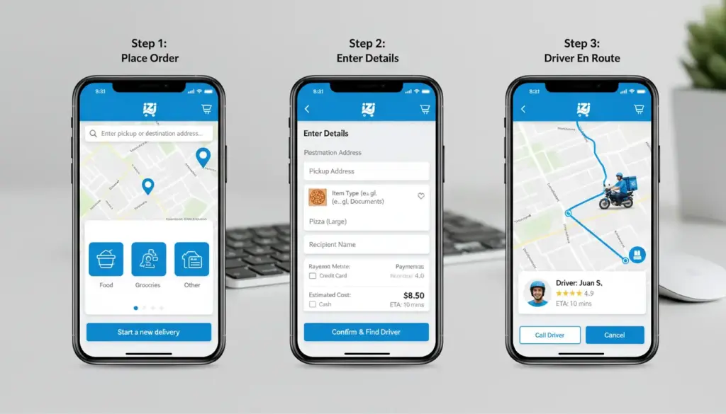 Sequência de três telas de celular mostrando o passo a passo para solicitar uma entrega no aplicativo IZI Entregas.